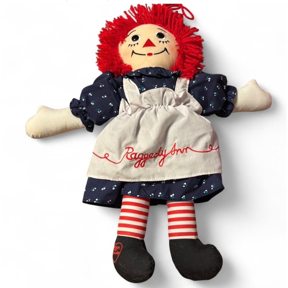 Raggedy Ann 85th Birthday Plush Doll Red Yarn Hair‎ Blue Floral Dress Apron Vtg